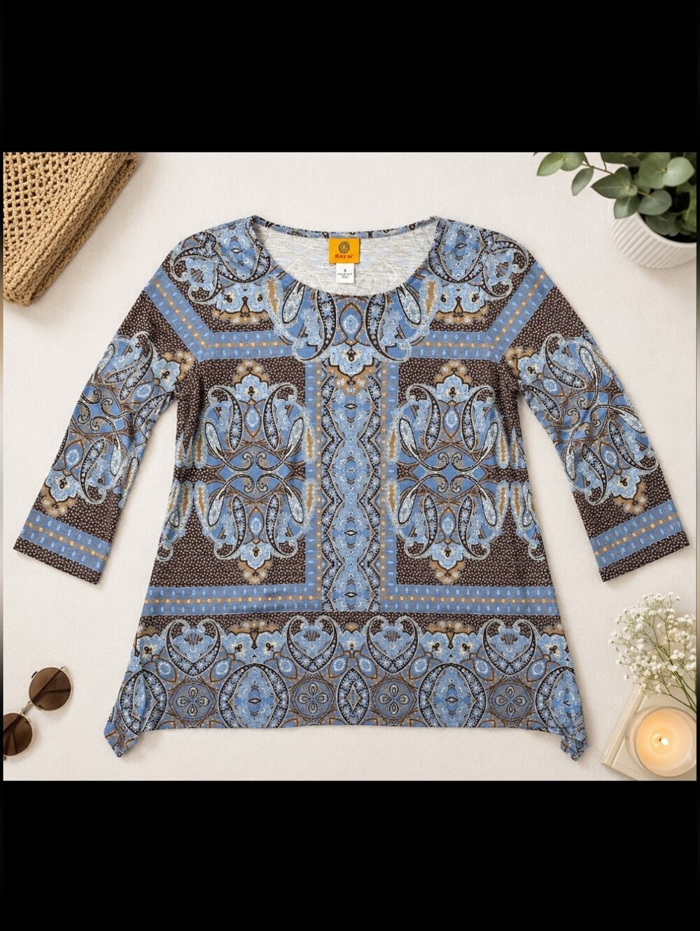 Ruby Rd. Blue and Brown Paisley Scoop Neck Tunic Top Shiny Embellishments Boho